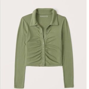 Long-Sleeve Ruched Polo Top